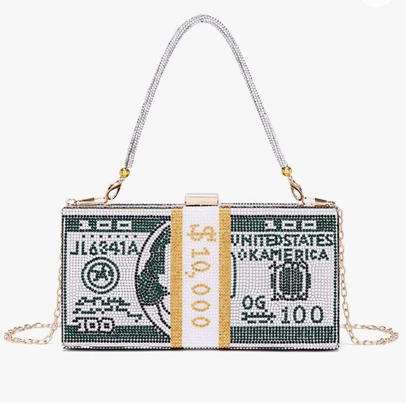 Dollar Clutch Purse Rhinestone Evening Handbag Money Bag Green - Picture 2 of 7